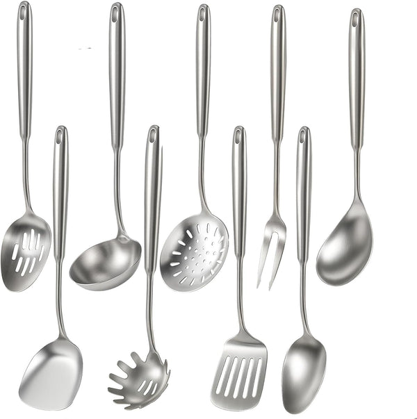 Newness 9 Pcs Cooking Utensils Set, 304 Stainless Steel Kitchen Utensils Set, Metal Kitchen Accessories, Include Soup Ladle, Slotted Skimmer Spoon, Spaghetti Spoon and Spatula, Dishwasher Safe1