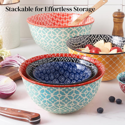 Mixing Bowls, Ceramic Mixing Bowls for Kitchen, Colorful Vibrant Nesting Bowls for Cooking, Baking, Prepping, Serving, Salad, Housewarming Gift, Microwave Dishwasher Safe, 3.7/2/1 Qt, Set of 35