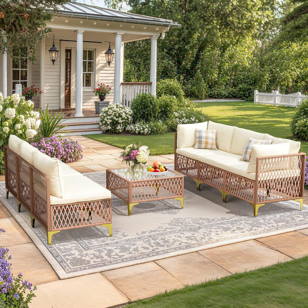 7-Piece Wicker Outdoor Furniture Set, Boho Sectional Sofa Patio Conversation Set with Washable Cushions & Glass Coffee Table, All-Weather Patio Furniture Set for Backyard, Porch, Cream2
