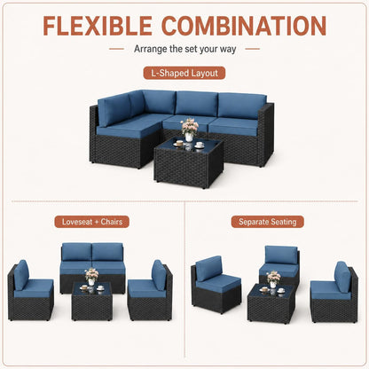 5-Piece Patio Furniture Set, Outdoor Wicker Sectional Sofa with 4-Inch Thick Cushions & Coffee Table, All-Weather PE Rattan Conversation Set for Backyard, Garden, Poolside, Aegean Blue6
