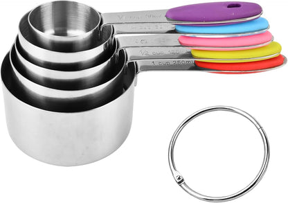 5-Piece Stainless Steel Measuring Cups with Non-Slip Handles, Kitchen Measuring Cups for Dry & Liquid Ingredients, Cooking & Baking, 1/8, 1/4, 1/3, 1/2 & 1 Cup, Colorful1