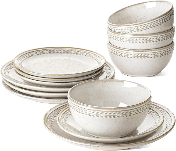 Plates and Bowls Sets for 4, 12 Piece Ceramic Dinnerware Sets, Kitchen Stoneware Dish Set, Chip Resistant, Microwave & Dishwasher Safe, Beige Wheat (8"&10" Plate, 27Oz Bowl)1