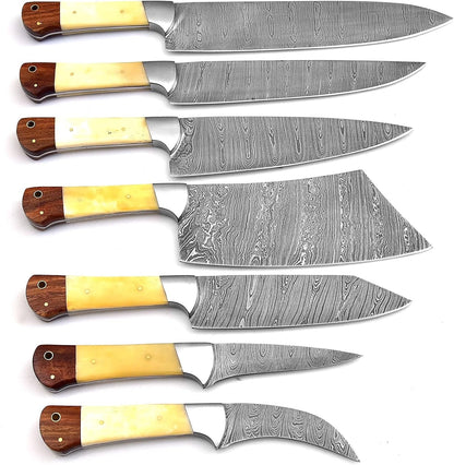 Professional Handmade Damascus Kitchen Chef Knife Set with Bone Handle and Damascus Steel Blade, Kitchen Knife Set with Leather Roll Bag (1064)2