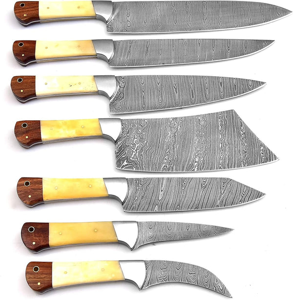 Professional Handmade Damascus Kitchen Chef Knife Set with Bone Handle and Damascus Steel Blade, Kitchen Knife Set with Leather Roll Bag (1064)2