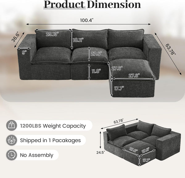 101" Boneless Cloud Sectional Couch for Living Room, Sectional L Shaped Sofa Couch with Ottoman, Modular Sleeper Sofa for Apartment，No Assembly, Dark Grey2