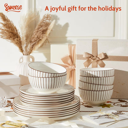 18Pcs Lightweight Porcelain Dinnerware Set for 6, Stripe Neutral6