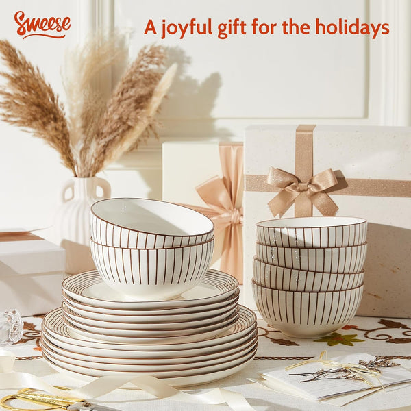 18Pcs Lightweight Porcelain Dinnerware Set for 6, Stripe Neutral6