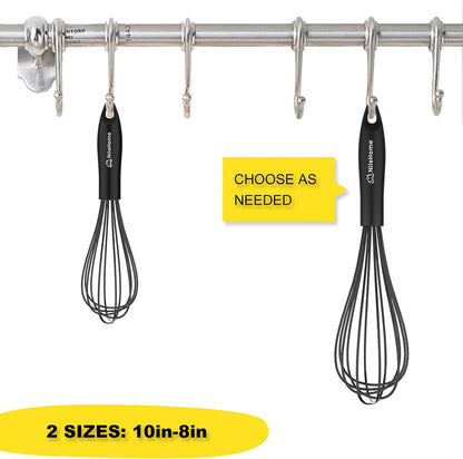 Silicone Whisk Set 8" 10" Kitchen Whisk Black,2-Pack | Food-Grade Material,Dishwasher Safe,Withstands Heat up to 480°F,Perfect for Cooking,Whisking and Blending2