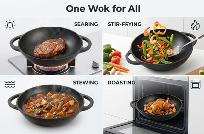 12 Inch Pre-Seasoned Cast Iron Skillet - Wok round Bottomed Frying Pan with Assist Handles,Tempered Glass Lid, Cast Iron Scrubber,Silicone Oven Mitts for Home Baking8