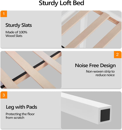Junior Low Loft Bed with Stairs, White Wood Loft Bed Full Size for Adults, Kids and Young Teens, No Box Spring Required,Wood Slat Support7