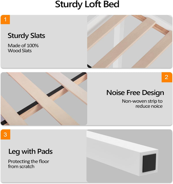 Junior Low Loft Bed with Stairs, White Wood Loft Bed Full Size for Adults, Kids and Young Teens, No Box Spring Required,Wood Slat Support7