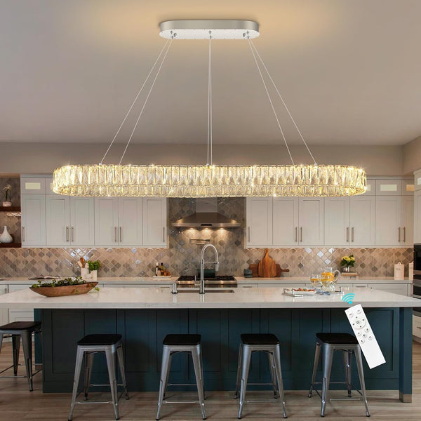 Modern Crystal Chandelier Dimmable LED Long Chandeliers for Dining Table Pendant Lights Rectangular Glam Lighting Fixtures for Dining Room Kitchen Island Silver8
