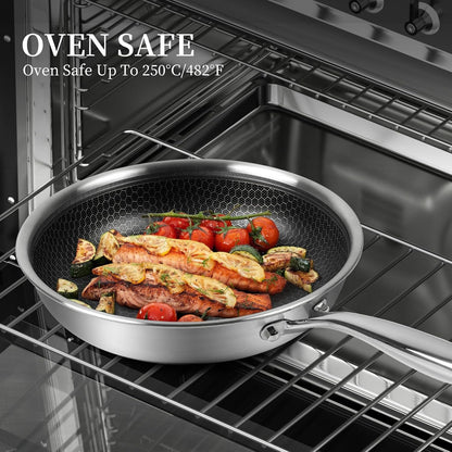 Non Stick Frying Pans, Stainless Steel Pan Set with Lid | Honeycomb Nonstick Coating, Pfoa-Free. Cool-Touch Handles. Compatible with All Stoves. Oven Safe&Dishwasher Safe.6