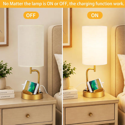Touch Control USB Table Lamp with USB C/A & AC Outlet, 3-Way Dimmable Bedside Lamp, Modern Nightstand Lamps for Bedroom Living Room Guest Room Office, Bulb Included, Gold4