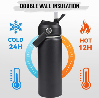 18Oz Insulated Stainless Steel Water Bottle, Wide Mouth Double Wall Vacuum, Silicone Straw, Sweat & Leak Proof, BPA Free Insulated Water Flask for Travel, Keep Cold 24H Hot 12H, Black5