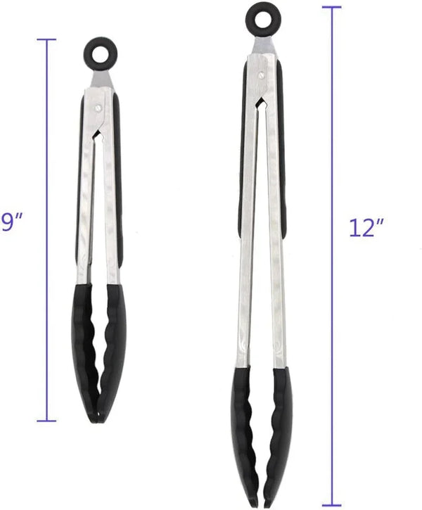 2 Pack Silicone Kitchen Tongs, 9 & 12 Inch, Stainless Steel, Black | Heat Resistant to 500°F with Bpa-Free Silicone Tips, Locking Clip and Nonslip Handles for Nonstick Cookware and Grilling3