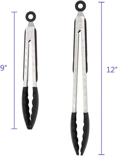 2 Pack Silicone Kitchen Tongs, 9 & 12 Inch, Stainless Steel, Black3