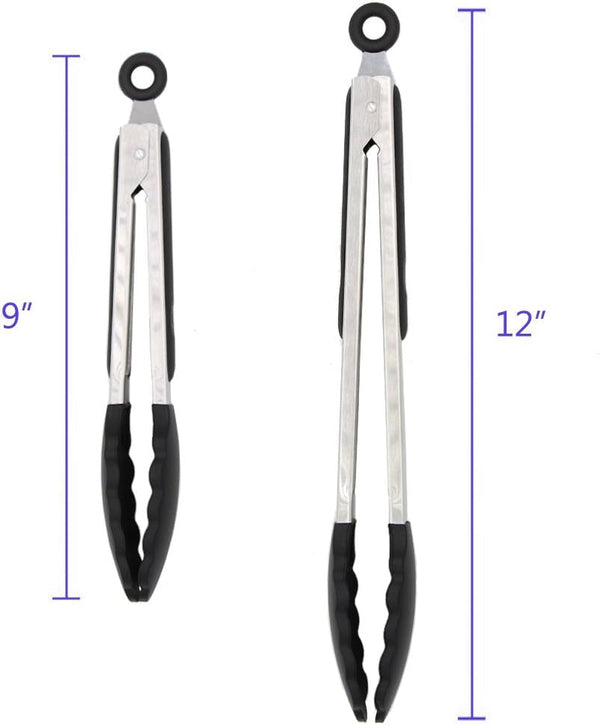 2 Pack Silicone Kitchen Tongs, 9 & 12 Inch, Stainless Steel, Black3