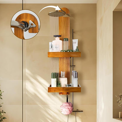 Teak Hanging Shower Caddy with Hooks, Shower Organizer over Head3
