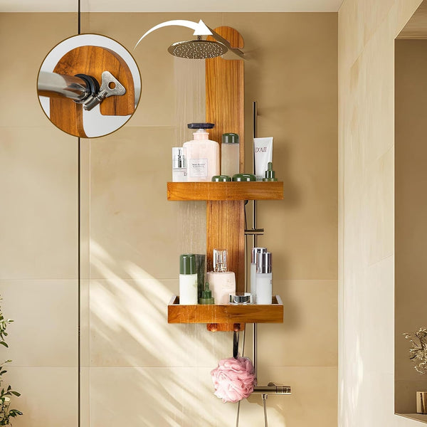 Teak Hanging Shower Caddy with Hooks, Shower Organizer over Head3