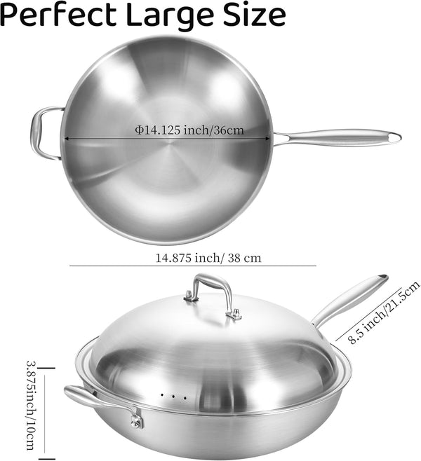 14.5 Inch Stir-Frying Wok Pan with Steel Lid | Tri-Ply Stainless Steel | Induction Cooking Wok Pan | Dishwasher and Oven Safe | Heavy Duty | Detachable Handle6