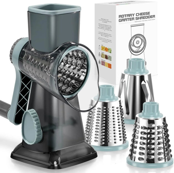 Cheese Grater Vegetable Cheese Shredder Slicer Grater for Kitchen 3 Changeable Blades for Cheese Potato Zucchini Nuts Chocolate (Grey Blue)1
