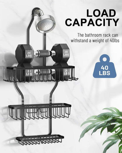 Shower Caddy Hanging - Never Rust Shower Hanging Organizer - Aluminum over the Showerhead Caddy with Soap Basket and 6 Hooks for Razor/Sponge (Black)6