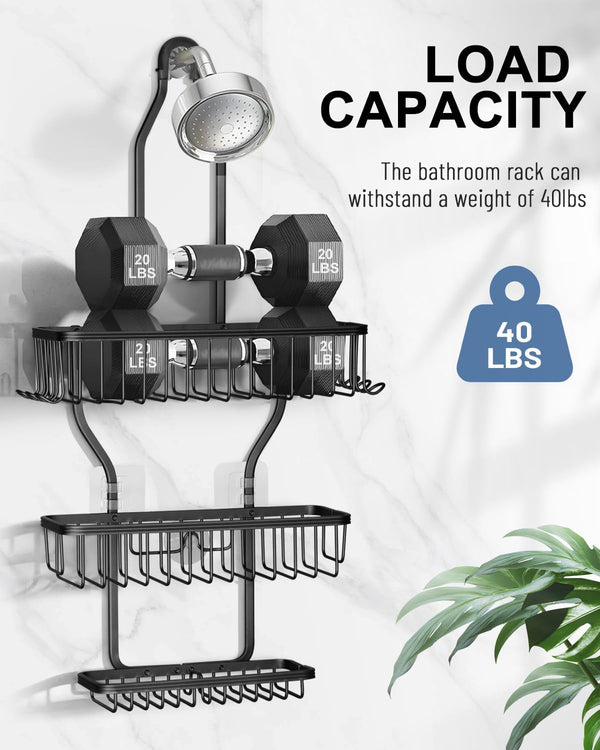Shower Caddy Hanging - Never Rust Shower Hanging Organizer - Aluminum over the Showerhead Caddy with Soap Basket and 6 Hooks for Razor/Sponge (Black)6