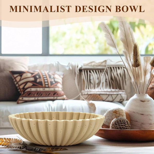 Large Decorative Bowl, Modern Handicraft Bowls for Home Decor, Decorative Fruit Bowl for Kitchen Counter, Ruffle Decor, Stylish Key Bowl for Entry Table, Artificial Travertine Beige4