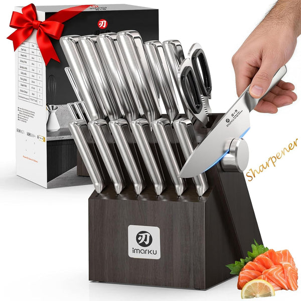 G14 Japanese Kitchen Knife Set, Stainless Steel with Block, 14Pc | Built-In Sharpener, Nonslip Handle, Dishwasher Safe. 56HRC High-Carbon Steel, FSC Wood Block, Rust-Resistant. for Gifting.1