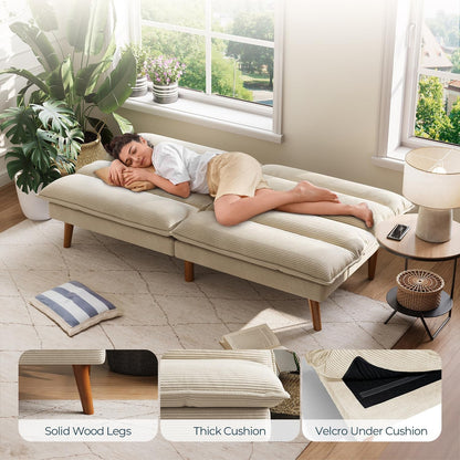 66" Futon Sofa Bed, Corduroy Futon Couch with 3-Position Adjustable Backrest, Solid Wood Legs, Convertible Small Sofa Bed for Living Room, Apartment, Dorm, Beige4