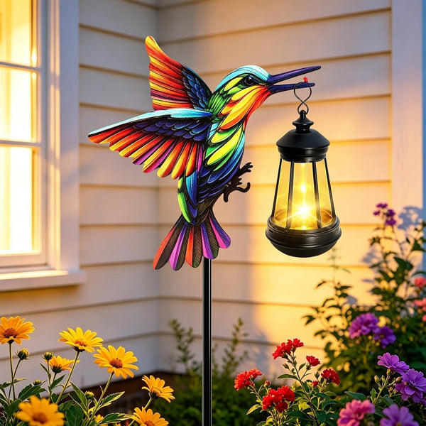 Solar Garden Lights,Metal Hummingbird Stakes with Hanging Solar Lantern1