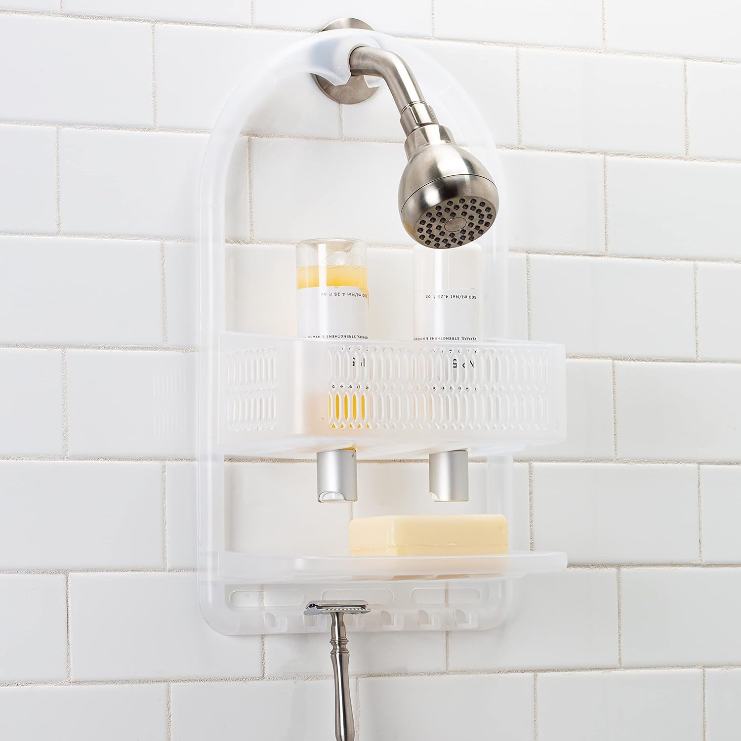 molded-shower-caddy-bathroom-storage-hangs-over-shower-head-6-accessory-hooks-holds-razors-washcloths-accessories-suction-cup-stability-white