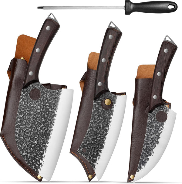 Forged Butcher Knife Set: Comfortable Handle for Long Use - 3PCS Viking Kitchen Knives Set for Mens - Handmade Cooking Meat Cleaver for Cutting and Chopping1
