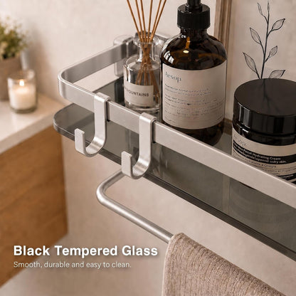 Glass Shelf for Bathroom 15.7 in Bathroom Shelves with Towel Bar Tempered Glass Shelves with 4 Removable Hooks for Wall（2 Tier）4