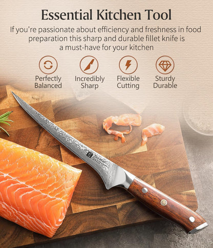 7 Inch Fillet Knife, Damascus Steel with 10Cr15Mov Core, Razor Sharp Boning Knife for Fish, Meat & Seafood, Rosewood Handle3
