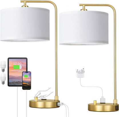 Gold Bedside Lamps Set of 2, Fully Dimmable Lamps for Night Stands, USB A+C | Modern, Linen Lampshade, USB Port and Outlet, Tall Desk Lamps for Bedroom, Nightstand, Living Room, Home Office, End Table8