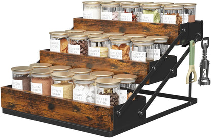 3 Tier Spice Rack Organizer for Cabinet, Foldable Spice Rack for Countertop, Cabinet Drawers Rustic Wooden Seasoning Spice Storage for Kitchen Station, Pantry, Home - 1PC1