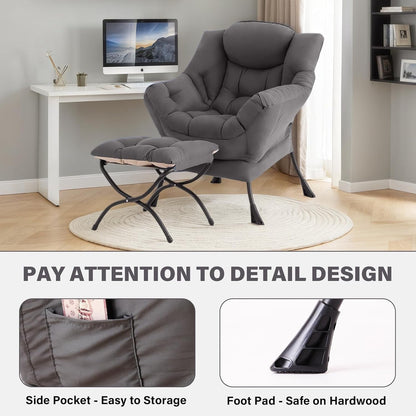 Lazy Chair with Ottoman, Comfy Reading Accent Chair, Dark Grey | Foldable Footrest, Padded Seat and Backrest, Side Pocket for Lounging in Living Rooms, Bedrooms, Dorms and Small Spaces5
