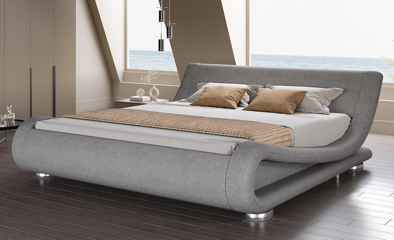 queen-size-sleigh-bed-frame-low-profile-faux-leather-grey