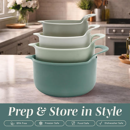 Nesting Plastic Mixing Bowl Set with Pour Spouts and Handles, Sage, 4 Piece Non-Slip3