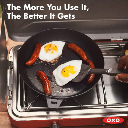 OXO Outdoor Pre-Seasoned Carbon Steel 10" Frying Pan Skillet, Detachable Handle for Easy Storage, Indoor Use, Nonstick with Use, Induction Suitable,Oven & Broiler Safe,Browning, Grill,Sear,Saute,Black8