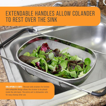 Stainless Steel Colander Strainer - 6-Quart Collapsible Colander with Expandable Rubber Handles - Rectangular Sieve, Fine Mesh Stainless Steel Strainers and Colanders for Kitchen5