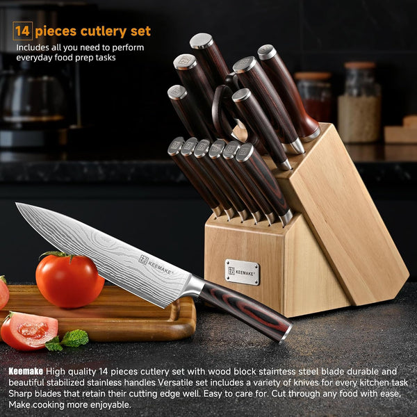 14 Pcs Kitchen Knife Set with Block, Ultra Sharp Knife Block Set | Japanese High Carbon Stainless Steel, Professional Chef Knife Set with Ergonomic Pakkawood Handle and Sharpener9