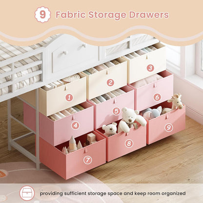 Low Loft Bed Full Size with 9 Storage Drawers and LED Lights, Metal Full Size Loft Bed with Stairway Shelf Storage, Low Loft Bed with Safety Guardrail and Under-Bed Hideaway for Kids, White4