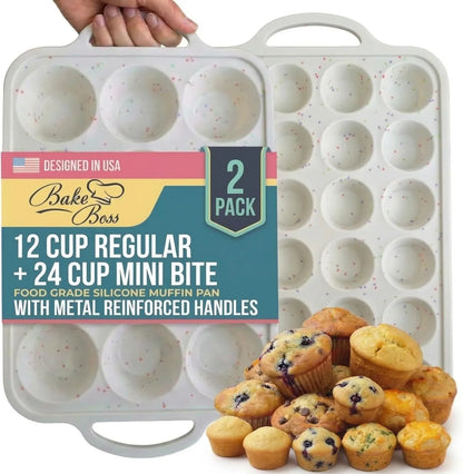 Silicone Muffin Pans, 2-Pack Regular 12 Cup & Mini 24 Cup, Bpa-Free | Metal Reinforced Silicone Muffin Pans for Baking, Nonstick Silicone Cupcake Pan, Easy Release Surface, Dishwasher Safe1