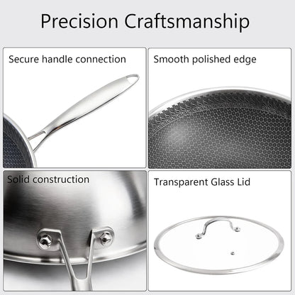 12.2" Tri-Ply Stainless Steel Wok with Glass Lid, Pro-Grade Honeycomb Hybrid Stir Fry Pan for Searing & Tossing, Uncoated Flat Bottom Chef Wok, Induction Compatible (31Cm)8