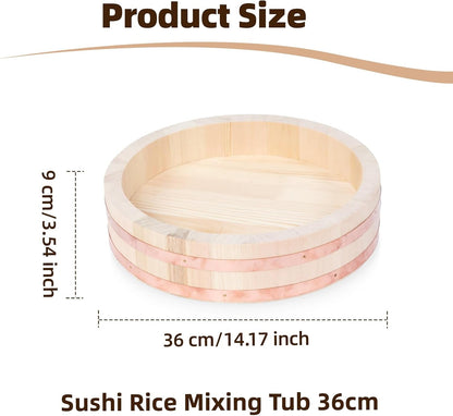 Professional Japanese Hangiri Sushi Rice Mixing Tub Set - Wooden Oke Bowl with Paddle & Makisu, Authentic Sushi Making Kit for Home & Restaurant (4 Sizes) (14.2' Inch)5