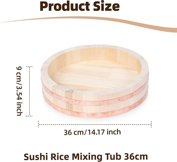 Professional Japanese Hangiri Sushi Rice Mixing Tub Set - Wooden Oke Bowl with Paddle & Makisu, Authentic Sushi Making Kit for Home & Restaurant (4 Sizes) (14.2' Inch)5