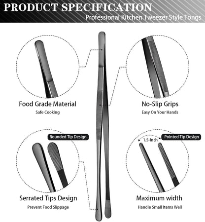 2 Pcs 12-Inch Kitchen Tweezers Tongs with Precision Serrated Tips, Stainless Steel Chef Tweezer Professional Cooking Tweezers for BBQ, Plating and Serving (12-Inch, Black)2